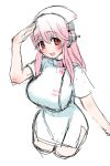  1girl :d blush breasts cropped_legs curvy dress hat headphones large_breasts looking_away looking_to_the_side nitroplus nurse nurse_cap open_mouth pink_hair red_eyes short_dress short_sleeves simple_background sketch smile solo super_sonico wakai_hiroshi white_background white_dress 