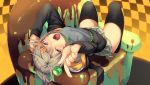  1girl black_legwear candy fang fu-ta grey_hair hair_ornament hairclip highres lollipop looking_at_viewer lying on_back open_mouth original ponytail solo teeth thigh-highs yellow_eyes 