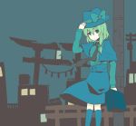  1girl alternate_hair_color blue_eyes bow fuente gap green_hair hair_bow hat necktie ribbon shirt short_hair skirt solo suitcase torii touhou usami_renko 