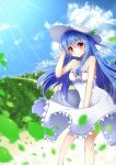  1girl blue_hair blush clouds cloudy_sky dress hat highres hinanawi_tenshi looking_at_viewer petals red_eyes sky smile solo sun_hat sundress sunlight touhou ymd_(holudoun) 
