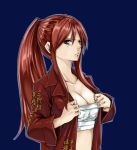  1girl blue_background breasts cleavage erza_scarlet fairy_tail long_hair looking_at_viewer mashima_hiro official_art ponytail redhead sarashi simple_background solo 