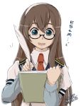  1girl 2015 4suke :d alternate_hair_color artist_name black-framed_glasses blue_eyes brown_hair collared_shirt dated feathers glasses hairband kantai_collection layered_clothing long_hair long_sleeves looking_down necktie notebook ooyodo_(kantai_collection) open_mouth pen puffy_short_sleeves puffy_sleeves red_necktie school_uniform semi-rimless_glasses serafuku shirt short_sleeves smile solo translation_request under-rim_glasses upper_body writing 