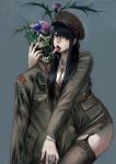  1girl black_eyes black_hair black_legwear breasts cleavage flower garter_straps grey_background hat highres hug jittsu licking long_hair long_tongue looking_at_viewer military military_hat open_mouth original saliva simple_background skeleton solo tongue tongue_out 