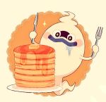  adenade blush butter fork ghost knife no_humans pancake plate purple_lips simple_background solo sparkle sparkle_eyes stack_of_pancakes syrup whisper_(youkai_watch) youkai youkai_watch 