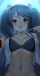  1girl ayagi_daifuku bikini_under_clothes blouse blue_eyes blue_hair breasts detached_sleeves hair_ribbon isuzu_(kantai_collection) kantai_collection long_hair looking_at_viewer open_blouse open_clothes open_mouth ribbon solo swimsuit swimsuit_under_clothes twintails upper_body 