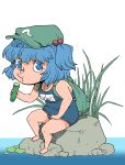  1girl backpack bag bare_legs bare_shoulders blue_eyes blue_hair blush cucumber eating food hair_bobbles hair_ornament hat kawashiro_nitori looking_at_viewer one-piece_swimsuit onikobe_rin plant rock school_swimsuit short_hair short_twintails sitting sitting_on_rock solo swimsuit touhou twintails two_side_up water 