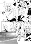  &gt;:d 1boy 4girls :d ahoge aircraft_carrier_oni capera comic highres horns i-class_destroyer kantai_collection long_hair mittens monochrome multiple_girls northern_ocean_hime open_mouth re-class_battleship sharp_teeth shinkaisei-kan short_hair smile ta-class_battleship translation_request wo-class_aircraft_carrier 