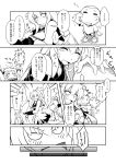  1boy 2girls ahoge aircraft_carrier_oni capera comic gauntlets highres horns kantai_collection long_hair mittens monochrome multiple_girls northern_ocean_hime one_side_up shinkaisei-kan translation_request 