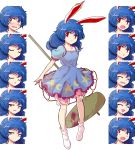  1girl :d ^_^ animal_ears blood bloody_weapon blue_hair blush closed_eyes crying dairi dress ear_clip facial_expressions legacy_of_lunatic_kingdom long_hair looking_at_viewer mallet open_mouth rabbit_ears red_eyes seiran_(touhou) smile smug socks solo surprised tachi-e tears touhou weapon 