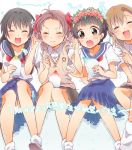  4girls black_hair brain_freeze brown_eyes brown_hair closed_eyes glass head_wreath hiko kamijou_touma long_hair misaka_mikoto multiple_girls school_uniform serafuku shaved_ice shirai_kuroko short_hair sitting to_aru_kagaku_no_railgun to_aru_majutsu_no_index uiharu_kazari 