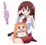  2girls animal_costume artist_request blonde_hair blush breasts brown_eyes brown_hair chibi doma_umaru ebina_nana hamster_costume highres himouto!_umaru-chan long_hair multiple_girls official_art open_mouth paw_pose smile twintails wavy_mouth 