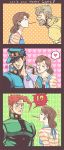  !? 3koma 96kuroie anger_vein blue_hair brown_hair chain closed_eyes comic earrings gakuran grey_hair hat heart heart_background jewelry jojo_no_kimyou_na_bouken joseph_joestar kakyouin_noriaki kuujou_holly kuujou_joutarou pocky polka_dot redhead school_uniform translation_request 