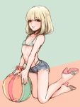  1boy ball beachball bikini_top blonde_hair crossdressinging denim denim_shorts eyelashes flat_chest high_heels kneeling original otoko_no_ko short_shorts shorts simple_background smile yuki_touko 