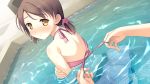  1boy 1girl artist_request blush brown_hair character_request copyright_request halterneck highres looking_back nose_blush pig_tail polka_dot polka_dot_swimsuit pov solo_focus swimsuit tail twintails undressing wading water yellow_eyes 
