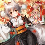  1girl album_cover animal_ears blush breasts bridal_gauntlets cover detached_sleeves hat inubashiri_momiji japanese_clothes kei_kei kourindou_tengu_costume leaf looking_at_viewer maple_leaf obi red_eyes sash short_hair silver_hair smile solo tail tokin_hat touhou wolf_ears wolf_tail 