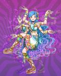  1girl aikatsu! alison_(alison_air_lines) armlet blue_hair extra_arms gradient_hair highres kazesawa_sora midriff mole multicolored_hair navel open_mouth platform_footwear pose psychedelic red_eyes sandals skirt solo 