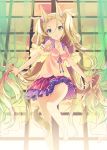  1girl animal_ears bare_legs barefoot blonde_hair breasts cleavage curtains dress fox_ears fox_tail green_eyes h2so4 hair_ornament jewelry long_hair necklace original skirt solo tail two_side_up very_long_hair 