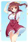  1girl bad_id blush breasts brown_hair collar ebina_nana hat highres himouto!_umaru-chan ichi_makoto large_breasts long_hair looking_at_viewer open_mouth petals red_eyes sailor_collar school_uniform smile solo twintails 