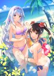  2girls :d ass ball bare_legs barefoot beach beachball bikini black_hair blue_sky bracelet breasts brown_eyes butt_crack cleavage earrings flower front-tie_top hair_flower hair_ornament hairband hibiscus innertube jewelry kantai_collection knees_together_feet_apart leaning_forward long_hair looking_at_viewer looking_back multiple_girls navel open_mouth outdoors purple_bikini shoukaku_(kantai_collection) sky smile swimsuit tousaki_umiko twintails very_long_hair white_bikini white_hair white_swimsuit yellow_eyes zuikaku_(kantai_collection) 
