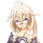  1girl ahoge blonde_hair blue_eyes braid breasts cleavage glasses highres ia_(vocaloid) kextukkii looking_at_viewer open_mouth red-framed_glasses simple_background strap twin_braids white_background 