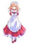  1girl apron blonde_hair dairi full_body highres long_hair looking_at_viewer maid maid_headdress puffy_short_sleeves puffy_sleeves shoes short_sleeves simple_background smile solo standing touhou white_background yellow_eyes yumeko 