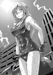  1girl alisa_ilinichina_amiella blush covered_navel fingerless_gloves from_below gloves god_eater god_eater_burst lithiumia long_hair looking_at_viewer monochrome school_swimsuit solo swimsuit weapon wet 
