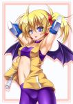  1girl arcana_heart armpits arms_behind_head arms_up bat_wings bike_shorts blonde_hair blue_eyes fang lilica_felchenerow midriff navel pointy_ears roura short_twintails solo strapless tubetop twintails wings 