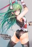  &gt;:o 1girl :o arched_back ass black_gloves black_legwear english from_behind gloves green_hair happy_birthday headgear highres leotard long_hair looking_back menou_kaname open_mouth original shiny shiny_clothes solo taishi_(picchiridou) thigh-highs violet_eyes 