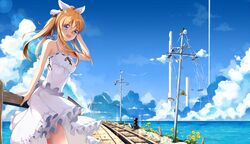  1girl :o blonde_hair blue_eyes clouds cloudy_sky dress fence flower leaning liu_guniang long_hair looking_at_viewer original ponytail railroad_tracks sky solo summer sundress water 