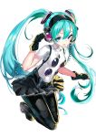 1girl absurdres aqua_eyes aqua_hair black_gloves black_legwear gloves hatsune_miku headphones highres kikimi long_hair looking_at_viewer parted_lips persona persona_4 persona_4:_dancing_all_night pleated_skirt simple_background skirt smile solo twintails vocaloid white_background 