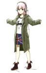  1girl alternate_costume breasts flag flag_print headphones hetzersky highres large_breasts long_hair looking_at_viewer military_jacket nitroplus pink_hair red_eyes shoes skirt solo super_sonico union_jack united_kingdom untied_shoes 