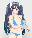  1girl bikini blue_bikini blue_eyes blue_hair blush breast_hold breasts cannon cleavage frown grey_background hair_between_eyes hair_ornament hair_ribbon isuzu_(kantai_collection) kantai_collection large_breasts long_hair looking_at_viewer ribbon side-tie_bikini signature simple_background so_shina solo swimsuit twintails 