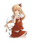  1girl ascot ayasekira blonde_hair bow dress flandre_scarlet hair_bow long_hair red_dress red_eyes simple_background solo touhou white_background wings 