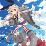  1girl anchor_hair_ornament bare_shoulders black_panties blonde_hair blue_sky blurry boots bow brown_eyes carrying_under_arm crop_top depth_of_field elbow_gloves gloves hair_bow hair_ornament hairband high_heel_boots high_heels highleg highleg_panties kantai_collection long_hair looking_at_viewer machinery midriff navel neckerchief noro ocean open_mouth panties rensouhou-chan sailor_collar shimakaze_(kantai_collection) sky striped striped_legwear thigh-highs underwear white_gloves 