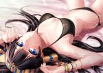  1girl afloat bikini black_hair blue_eyes blurry breasts depth_of_field egyptian hairband isis_(p&amp;d) long_hair parted_lips puzzle_&amp;_dragons solo swimsuit wada_masanori water 
