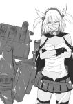  bandages cannon cape collar crossed_arms dark_skin glasses gloves greyscale headband highres looking_at_viewer messy_hair miniskirt monochrome musashi_(kantai_collection) niwatazumi sarashi short_twintails skirt smile thigh-highs twintails 