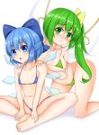  2girls 3: :o barefoot belly bikini blush bow breasts cirno colored_eyelashes daiyousei embarrassed fairy_wings feet feet_together green_eyes green_hair groin hiding hips ice ice_wings large_bow large_breasts looking_at_viewer multiple_girls open_mouth side_ponytail small_breasts swimsuit tokoya touhou wavy_mouth wings 