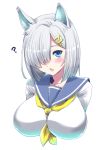  1girl ? animal_ears blue_eyes blush breasts cat_ears fang hair_ornament hair_over_one_eye hairclip hamakaze_(kantai_collection) kantai_collection kemonomimi_mode large_breasts looking_at_viewer open_mouth perepere-kun school_uniform serafuku short_hair silver_hair simple_background solo upper_body white_background 