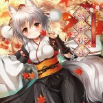  1girl album_cover animal_ears blush breasts bridal_gauntlets cover detached_sleeves hat highres inubashiri_momiji japanese_clothes kei_kei kourindou_tengu_costume leaf looking_at_viewer maple_leaf obi red_eyes sash short_hair silver_hair smile solo tail tokin_hat touhou wolf_ears wolf_tail 