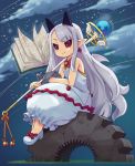  1girl albino black_sclera book clouds dress earrings horns jewelry long_hair mizuno_mumomo phantom_kingdom pointy_ears pram red_eyes shoes sitting sky smile solo staff white_dress white_hair white_shoes 