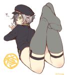  1boy dated feet from_behind green_eyes hat hotarumaru looking_back lying male_focus no_shoes on_stomach short_hair shorts silver_hair simple_background sock_garters socks sumeragi_kohaku touken_ranbu v white_background 