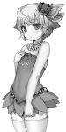  1girl ahoge aisha_(sennen_sensou_aigis) dress hair_ornament looking_at_viewer mini_hat mokyu_(kukoudesu) monochrome sennen_sensou_aigis short_hair solo thigh-highs zettai_ryouiki 