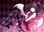  1girl angel_wings bangs bare_shoulders black_footwear black_legwear bow breasts commentary_request dress eyebrows_visible_through_hair from_side kurumi_mashiro looking_at_viewer medium_breasts medium_hair original pantyhose pink_dress pink_eyes red_bow shoes solo wings 