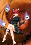  1girl absurdres animal_ears barefoot bow braid cat_ears cat_tail chain crossed_legs dress full_body green_dress hair_bow hider_kitsuka highres indoors juliet_sleeves kaenbyou_rin leg_ribbon licking_lips long_sleeves looking_at_viewer multiple_tails puffy_sleeves red_eyes redhead sitting small_breasts solo tail toes tongue tongue_out touhou twin_braids 