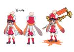  1girl absurdres band_uniform bare_shoulders bike_shorts blue_eyes boots character_sheet domino_mask gloves hat highres inkling long_hair marching_band nintendo official_art orange_hair over_shoulder paint_roller pointy_ears pout pouty_lips shako_cap shorts_under_skirt skirt smile splatoon tentacle_hair translation_request weapon weapon_over_shoulder whistle white_gloves 