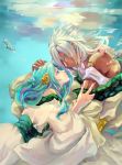  1boy 1girl blanche-snow blue_eyes blue_hair bubble conch dark_skin eye_contact green_eyes hair_ornament highres looking_at_another magi_the_labyrinth_of_magic robe sharrkan underwater white_hair yamuraiha 