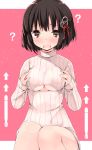  1girl ? black_hair blush breast_hold breasts brown_eyes haguro_(kantai_collection) kantai_collection large_breasts looking_at_viewer open_mouth refeia ribbed_sweater short_hair simple_background sweater tears turtleneck under_boob 