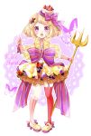  1girl blcky blonde_hair bow butterfly food_as_clothes food_themed_clothes fruit_tart garter_straps gloves hair_ornament hat hat_bow kneehighs open_mouth original personification pink_gloves pocketland pointing pointing_up polearm single_kneehigh single_thighhigh solo strawberry_hair_ornament thigh-highs trident violet_eyes weapon 