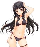  1girl alternate_costume arm_up armpits bikini black_bikini black_hair blush breasts hair_ribbon harino646 highres isokaze_(kantai_collection) kantai_collection long_hair looking_at_viewer red_eyes ribbon side-tie_bikini simple_background small_breasts smile solo swimsuit thigh_ribbon white_background 