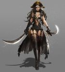  1girl black_hair boots breasts days_(milktea0778) eyepatch gloves hat leather_boots long_hair navel original pirate pirate_hat red_eyes smile solo sword thigh-highs thigh_boots weapon 